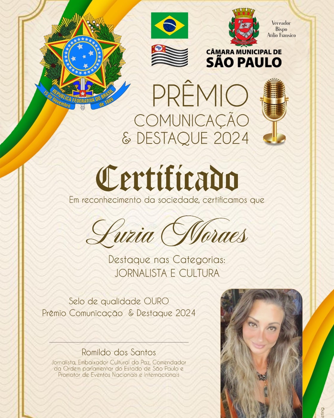 LUZIA MORAES RECEBERÁ O PRÊMIO NA CÂMARA MUNICIPAL DE SÃO PAULO