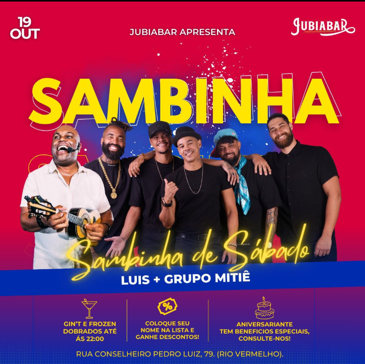 “Sambinha de Sábado” no Jubiabar com Luís e Grupo Mitiê. Confira!