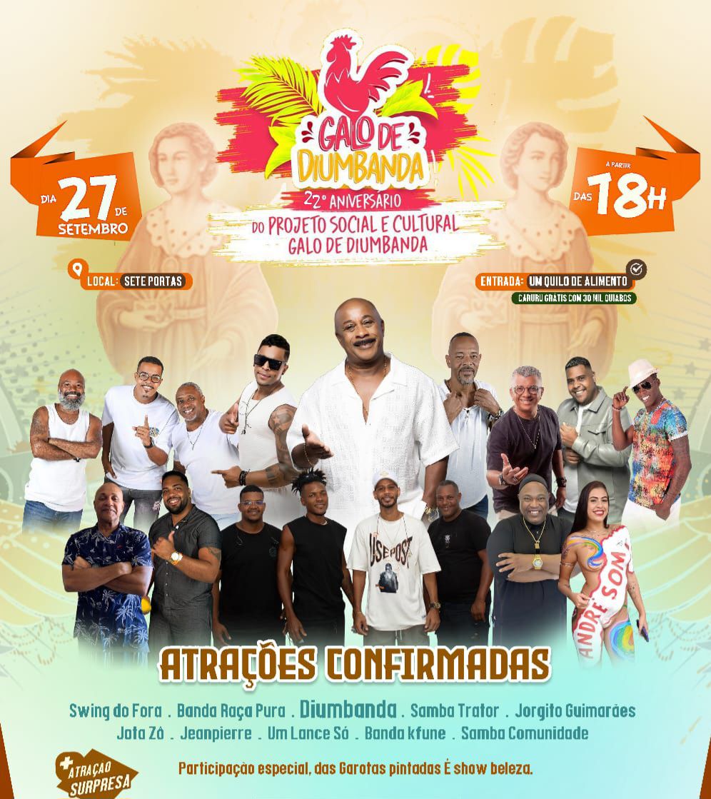 Galo de Diumbanda celebra 22 anos com caruru solidário e um grande encontro musical no Sete Portas